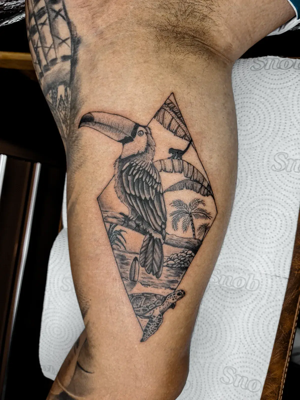 Tatuagem blackwork de tucano e paisagem dentro de moldura em losango, no braço