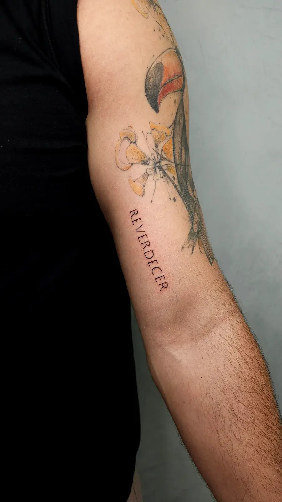 Tatuagem fine line com o lettering Reverdecer em vermelho, ao lado de uma flor, no braço