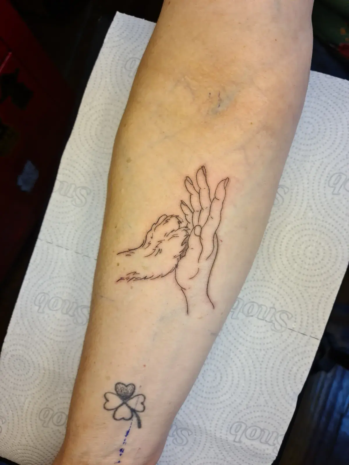 Tatuagem fine line de pata de cachorro e mão humana em traço contínuo, no antebraço