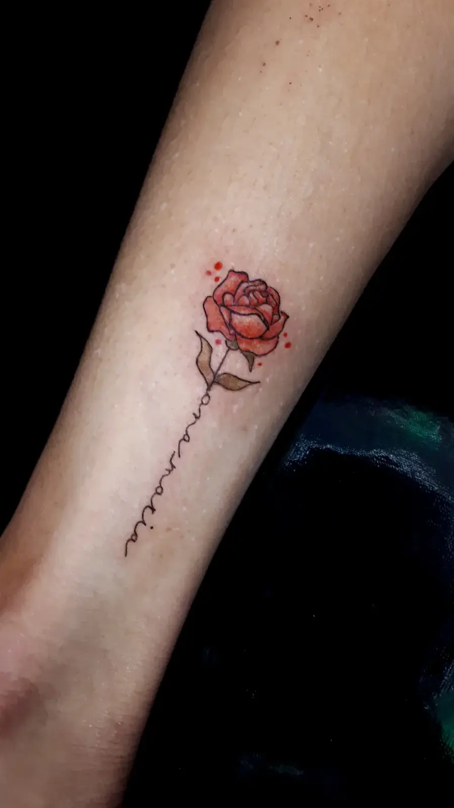 Tatuagem fine line de rosa vermelha com caule em espiral no antebraço