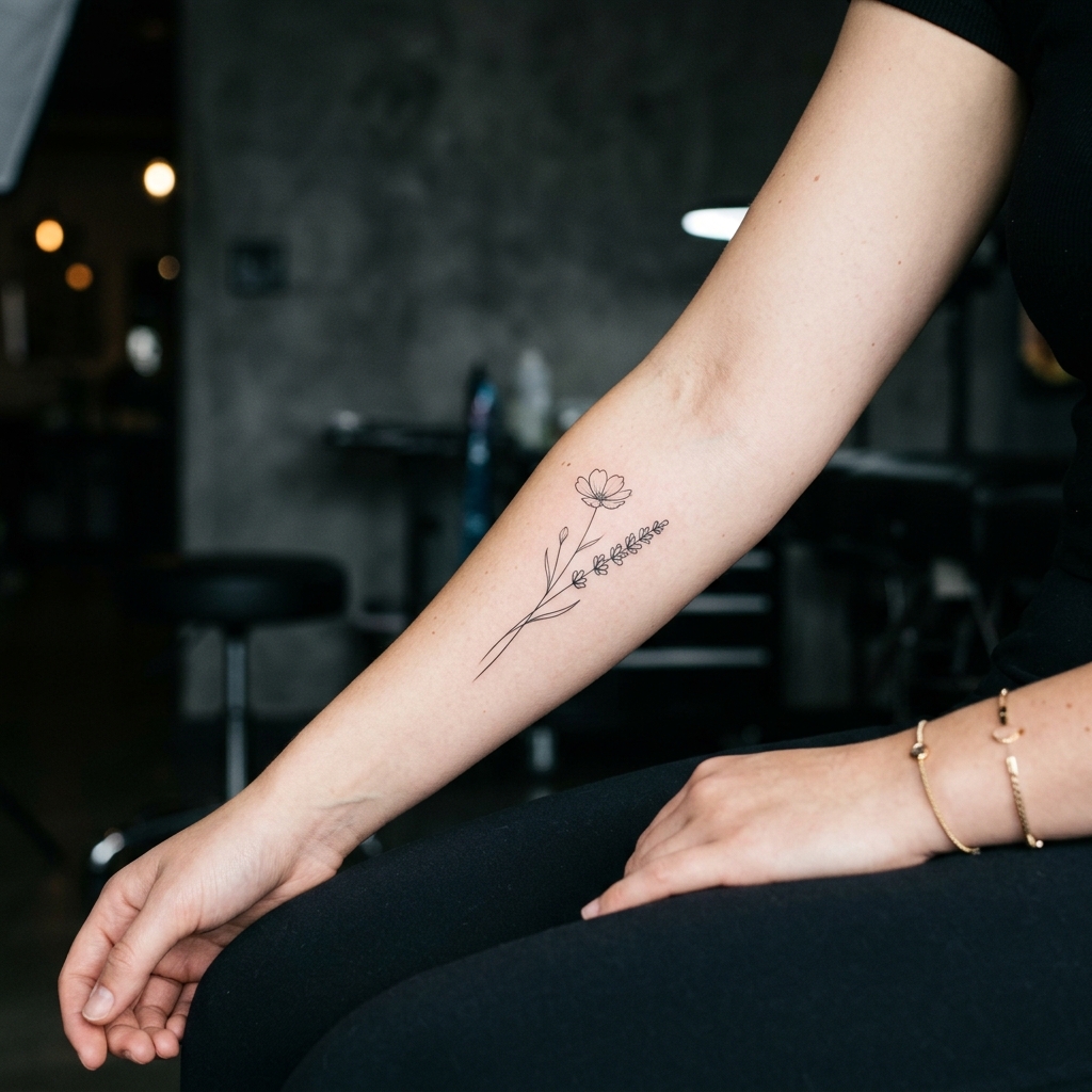 Tatuagem floral em traço fino (Fine Line)