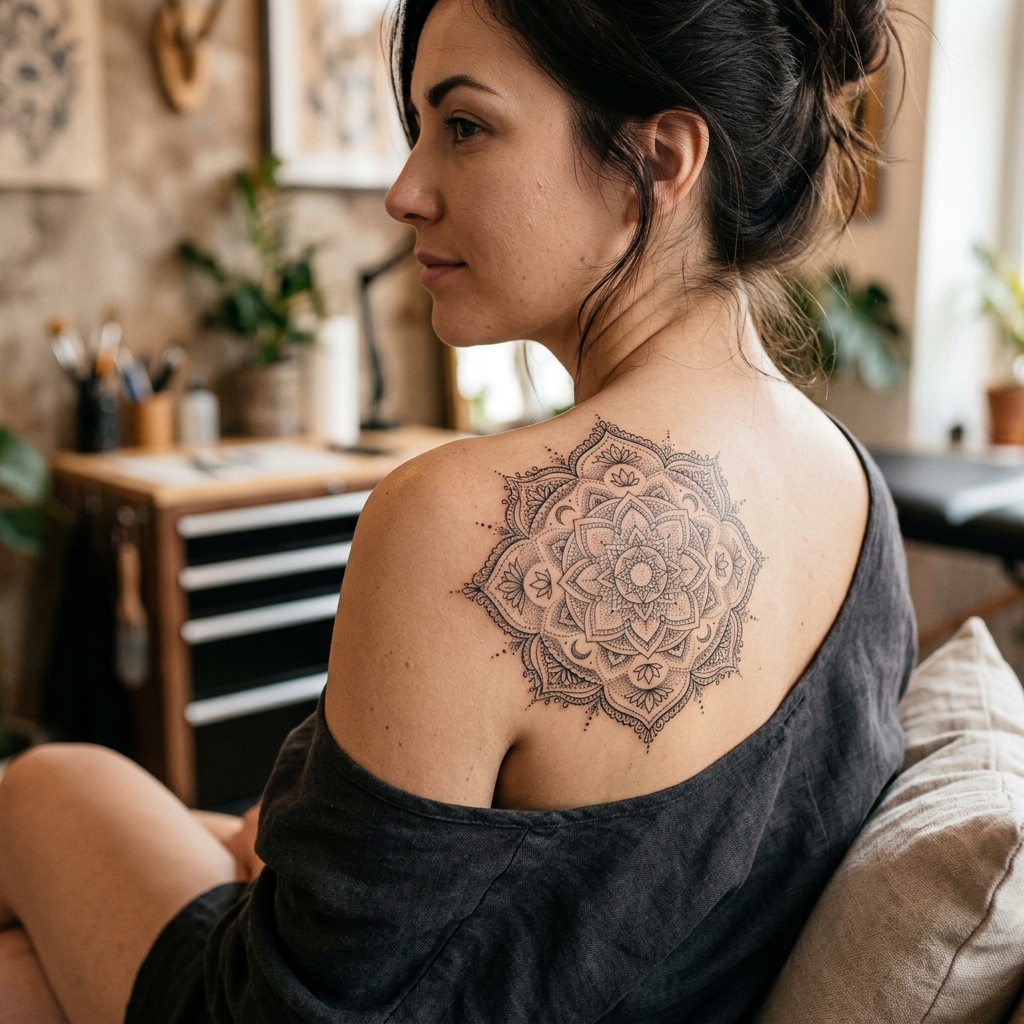 Tatuagem geométrica e ornamental simétrica